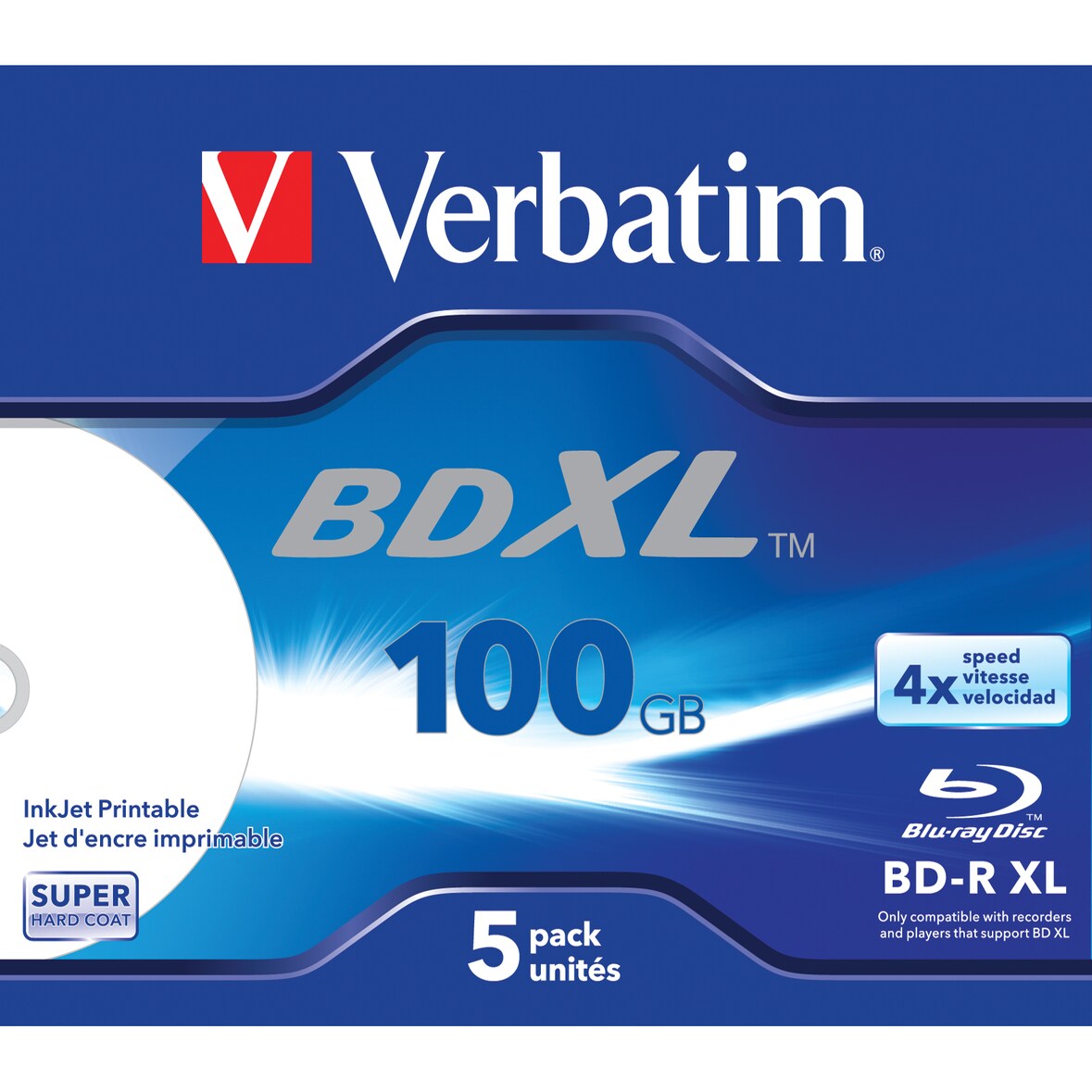 Verbatim BD-R XL 100 GB* 4x, mit Tintenstrahldrucker großflächig bedruckbar, Jewel Case, 5er-Pack