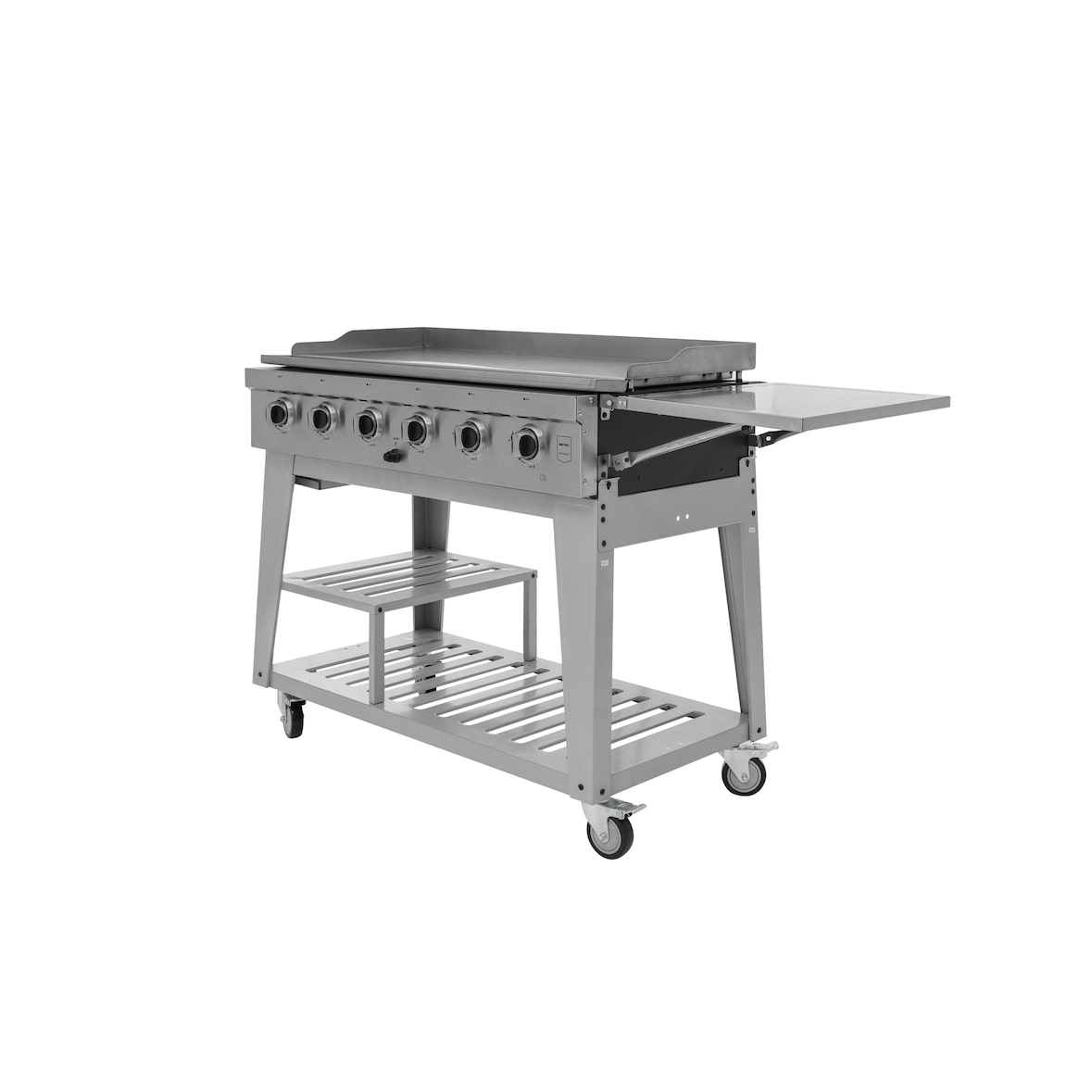 METRO PROFESSIONAL Piastra a gas con 6 bruciatori, acciaio / acciaio inox, 165x62x101cm, tavolino laterale, con copertura protettiva e ruote, argento