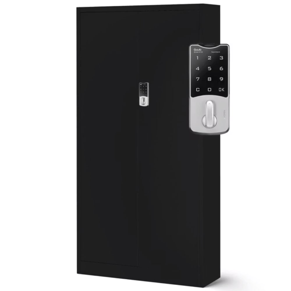 Metallschrank abschließbar ODIS - Zahlenschloss, 5 Ebenen | Aktenschrank Büroschrank Stahl Werkstatt Werkzeugschrank, 185x90x40cm Schwarz