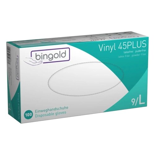 BINGOLD Vinyl 45PLUS Einweghandschuhe Transparent puderfrei 100 Stück : L