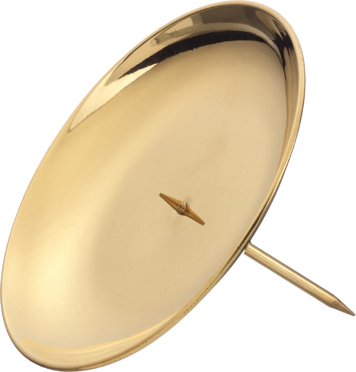 4 Kerzenstecker, Kranzteller Gold poliert 12 cm, mit abschraubbaren Dorn