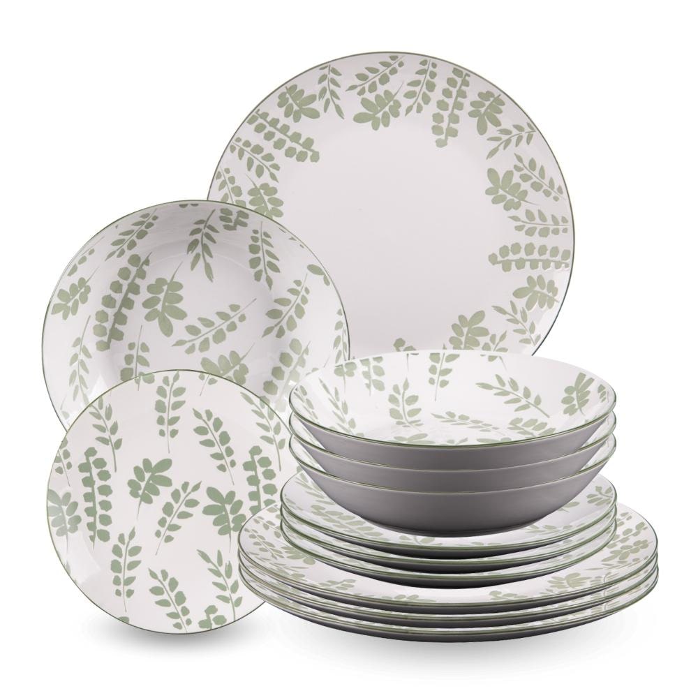 Service d'assiettes 12 pièces Episia -  Vert Rond Porcelaine Table Passion 28x28 cm
