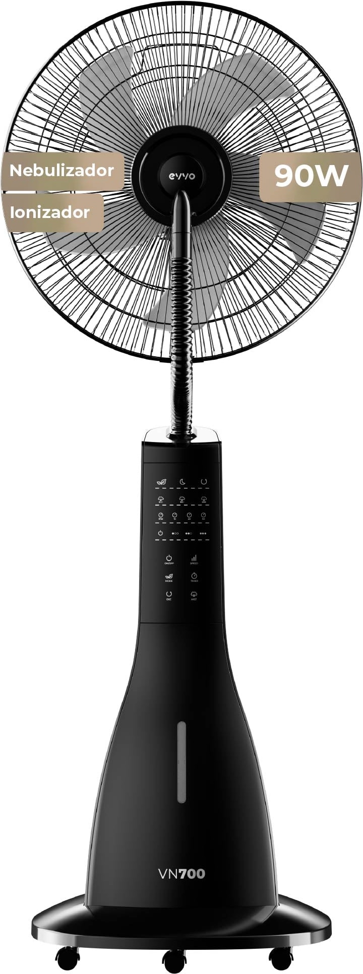 Ventilador Nebulizador EVVO VN700, 90W, Pantalla LED, 3 Modos, Temporizador 7.5h, Mando a Distancia, Ruedas, Silencioso