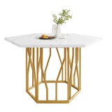 thumbnail of Esstisch sechseckig Weiß+Gold 116x100x75 cm Marmoroptik MDF Tischplatte mit geometrischem Muster, Stahlgestell in Astform, modern