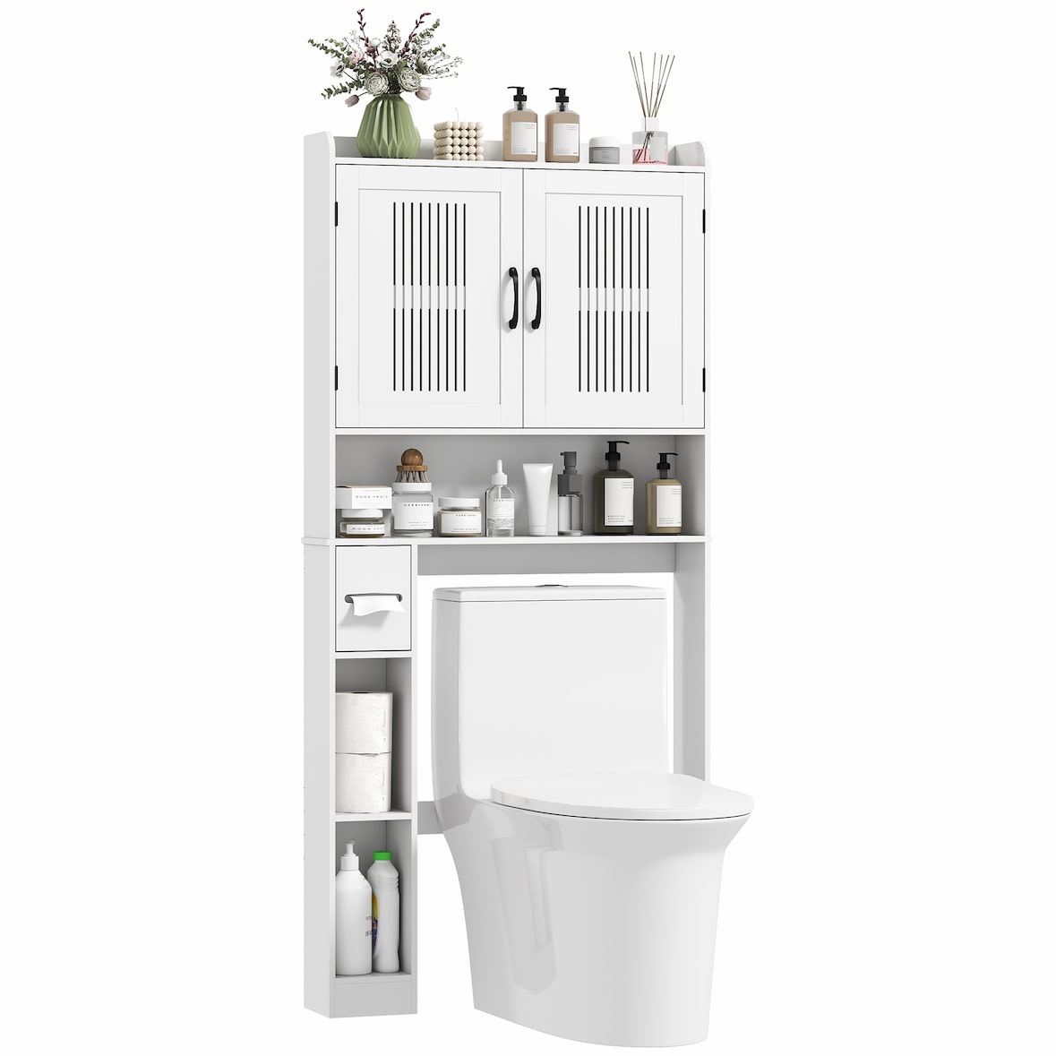 HOMCOM estantería sobre inodoro con estante ajustable 2 puertas soporte para papel higiénico y estantes abiertos ahorra espacio para baño blanco