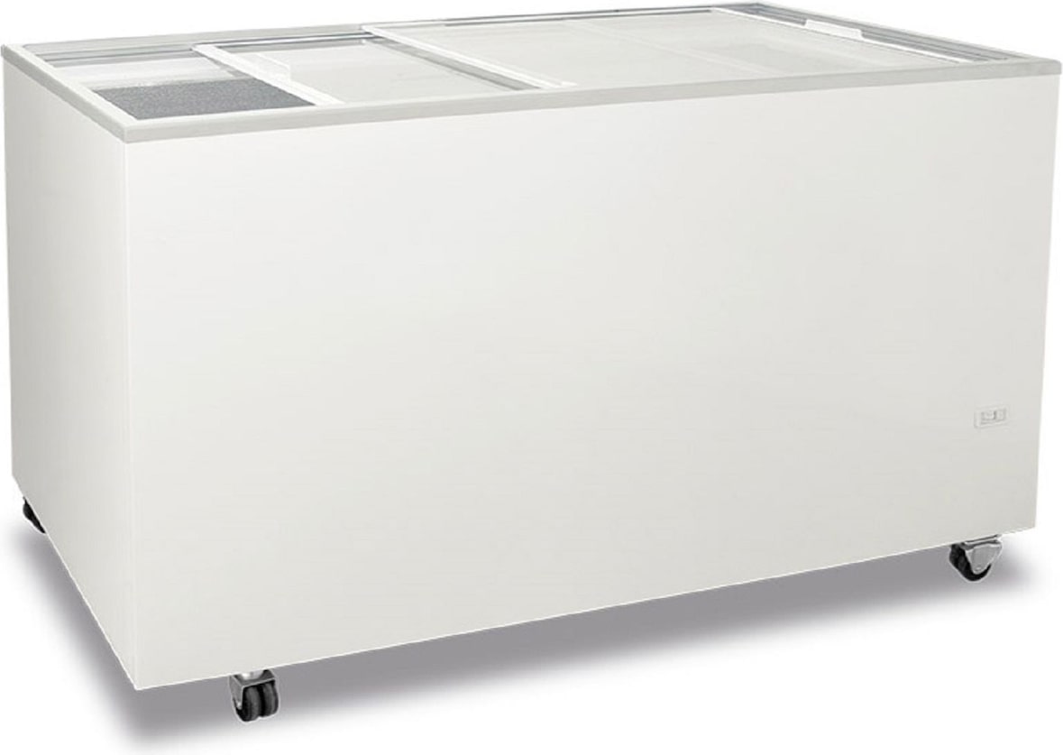 Truhe-Gefrierschrank mit flachem Schiebeglas, Innenfläche gehämmertes Aluminium, Isolierung 60 mm, -13°C/-23°C. FR500PFFK