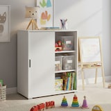 thumbnail of Mueble blanco 75×85×38 cm con 2 puertas correderas y estantes regulables, ya montado para varios espacios.