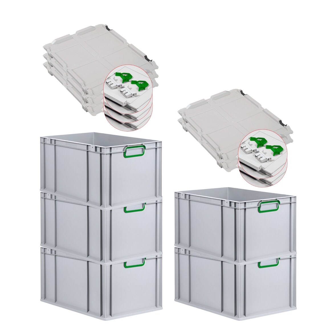 PROREGAL 5x Eurobox NextGen Color mit Scharnierdeckel & Verschlüssen | HxBxT 22x40x60cm | 65 Liter | Griffe grün geschlossen | Verstärkter Boden