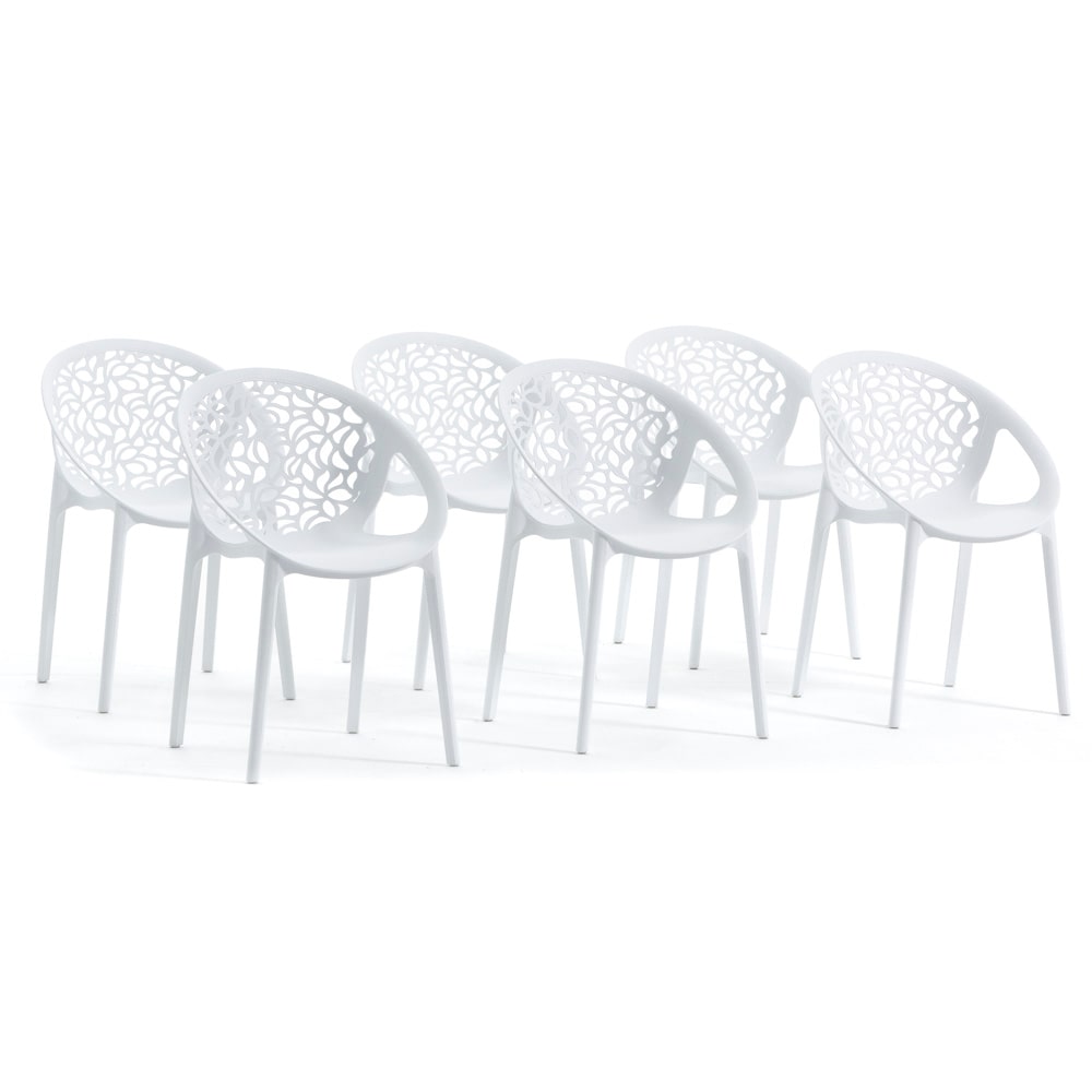 Conjunto de 6 cadeiras em polipropileno, empilháveis, para exterior e jardim, bar e restaurante, cozinha, design moderno – Ambra – Branco
