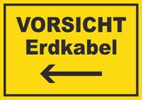 thumbnail of Vorsicht Erdkabel mit Richtungspfeil links Schild A6 Rückseite selbstklebend