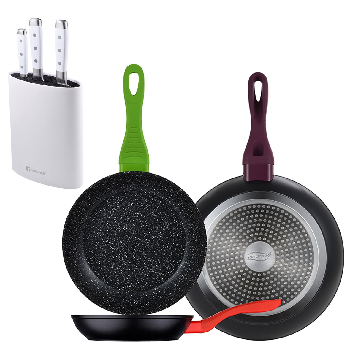 BERGNER - Set di 3 Padelle Jolie Ø20/Ø24/Ø28 cm Colore Nero con Set di 3 coltelli in acciaio inossidabile con Tacoma