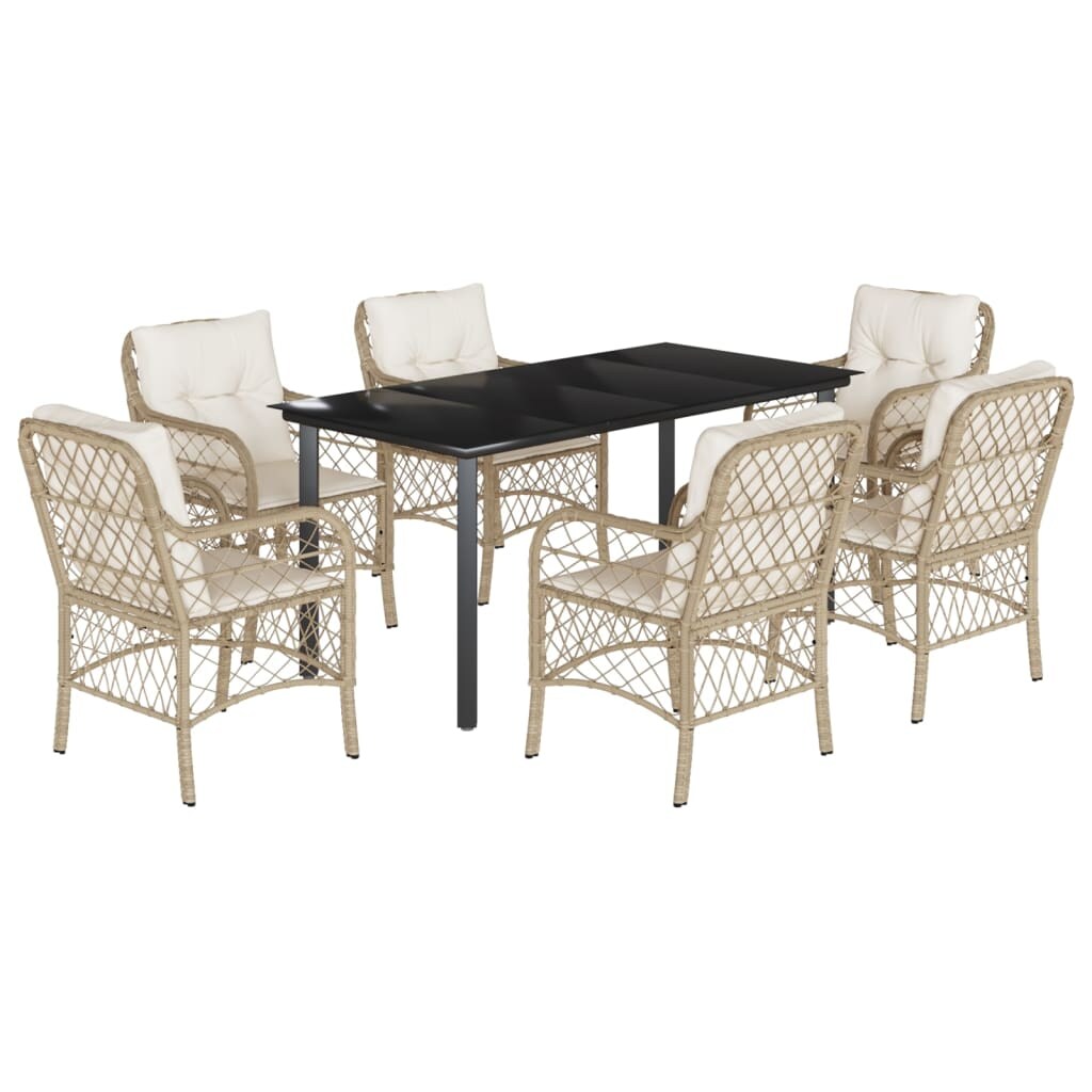 vidaXL 7-tlg. Garten-Essgruppe mit Kissen Beige Poly Rattan