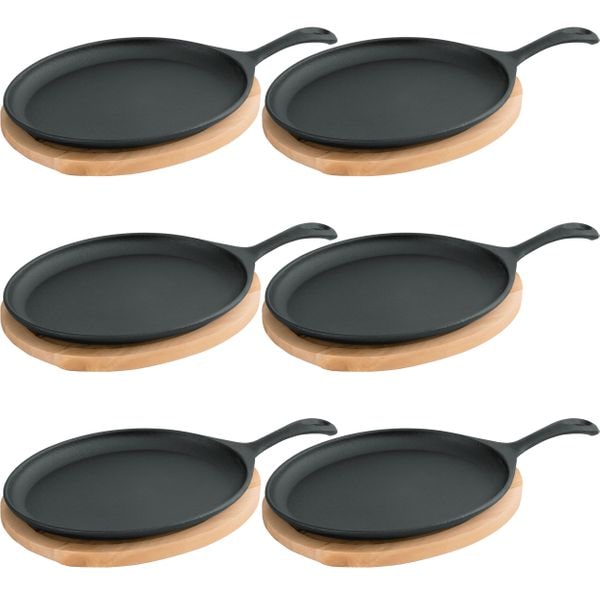 6x WAS Germany Servierpfanne mit Holzuntersetzer und Serviergriff 25 x 18,5 x 2 cm Gusseisen