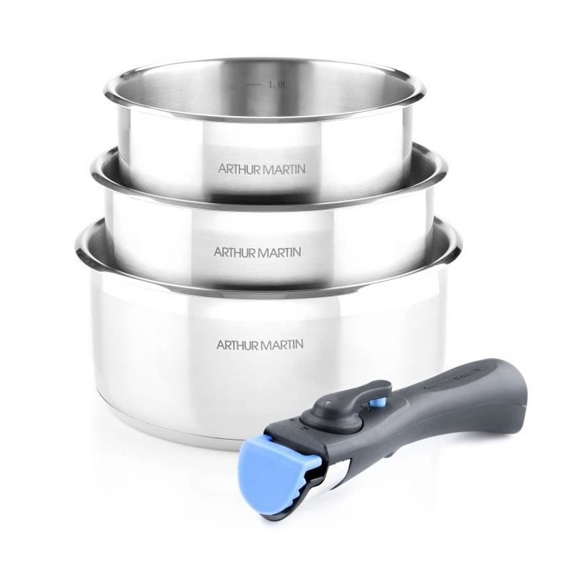 Set De 3 Casseroles 16-18-20 Cm Arthur Martin Am3710 - Acier Inoxydable - Poignée Amovible - Tous Feux Dont Induction
