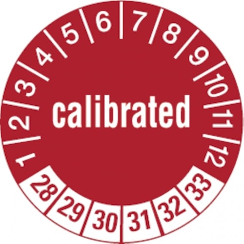 Dreifke® Aufkleber | Prüfetikett calibrated ab 28 rot/weiß - 30 mm Folie selbstklebend, 10 St