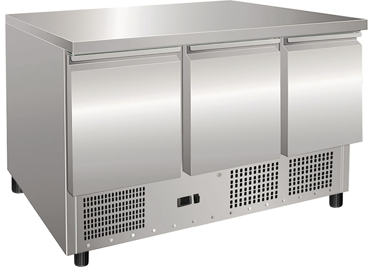 Statische Saladettentheke aus rostfreiem Stahl. Digitales Thermometer. Automatische Abtauung. Temperatur +2°C/+8°C. Modell SALADETTES903TOP