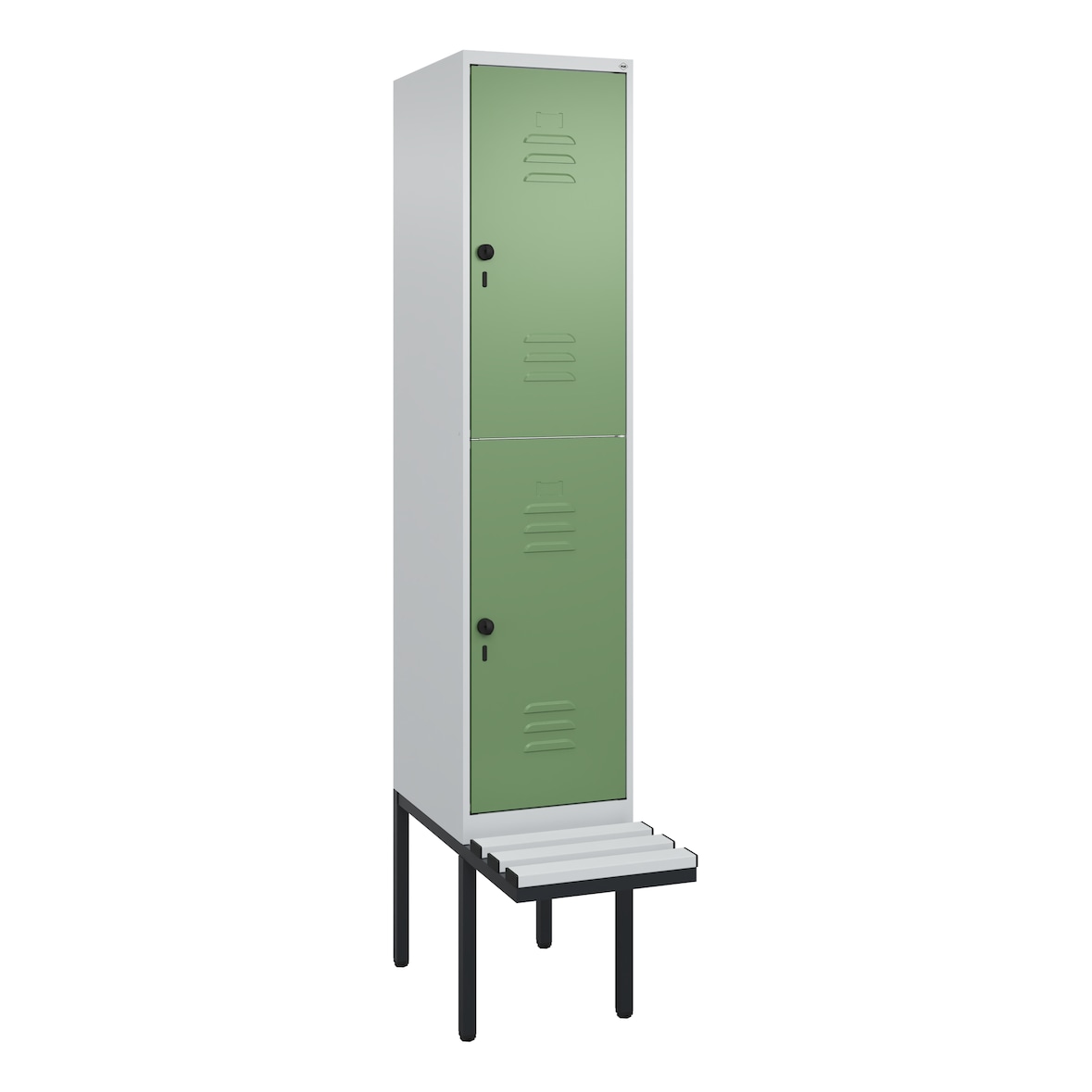 C+P Spind Classic PLUS, Kunststoff schwebende Sitzbank, 2 Abteile, HxBxT 212x40x82cm, Sicherheitsdrehriegel, Hellgrau/Resedagrün von PROREGAL