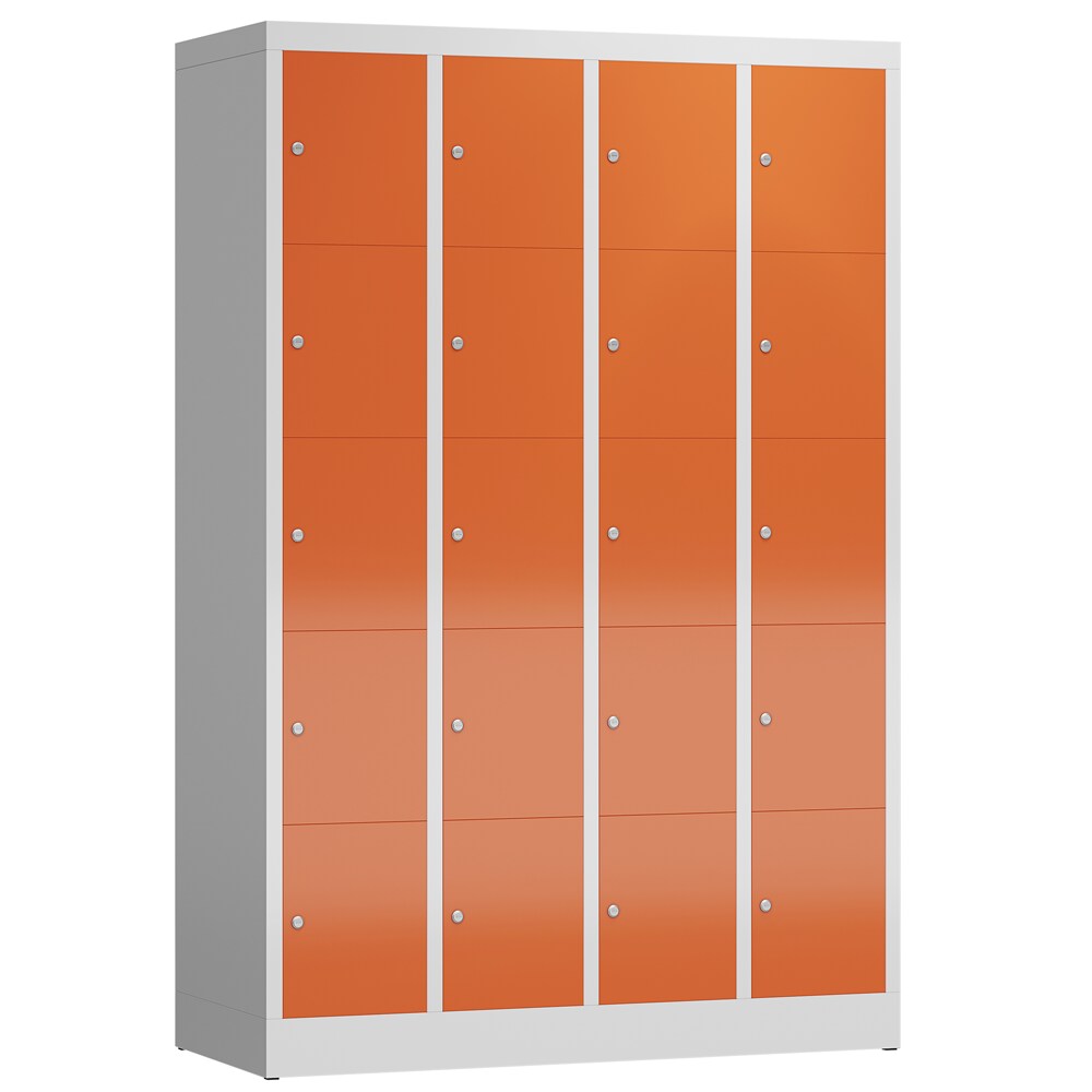 ClassiX Schließfachschrank, 4 Abteile à 5 Fächer, 1800 x 1185 x 500 mm, lichtgrau/feuerrot