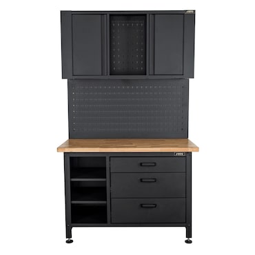 Bancada de garagem com armário de arrumação - Superfície de trabalho em madeira 2 armários 3 gavetas Painel perfurado Capacidade de carga 500kg VITO