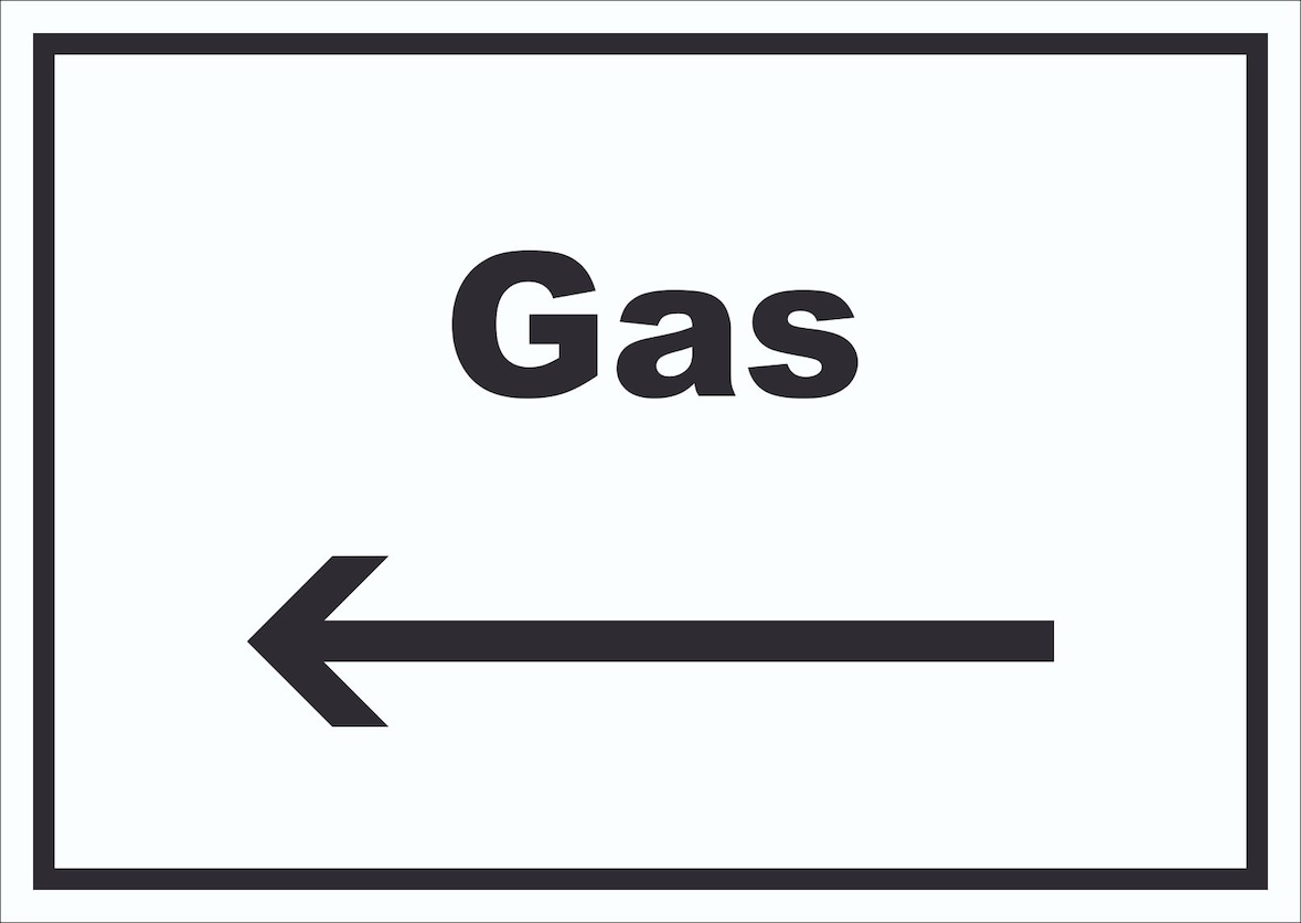 Gas Schild mit Text und Richtungspfeil links Anschluss waagerecht A4 (210x297mm)