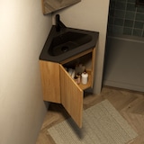 thumbnail of Wandhalterung Badezimmer-Waschtisch 52×38×38 cm dreieckig mit mattschwarzem Harzbecken und Holzschrank Natur