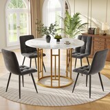 thumbnail of Essgruppe 5-teilig Esstisch Set Rund Tisch und 4 Stühle Gold+Grau 80x80x76 cm MDF Marmor Optik Samtbezug verstellbare Füße