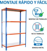 thumbnail of SimonRack Estantería Metálica, 1500x800x500 mm, 4 Alturas, Bandeja Metal, 180 kg de Punto Flexión, Azul/Naranja/Galva - Simonclick