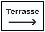 thumbnail of Terrasse Schild mit Text und Richtungspfeil rechts waagerecht A2 Rückseite selbstklebend