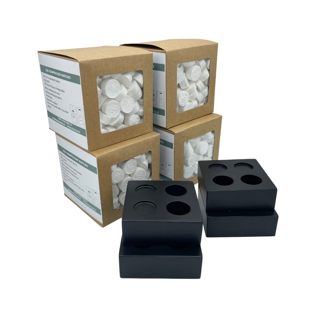 OIO NATURA Komprimierte biologisch abbaubare Tücher von OIO (Packung mit 800 Stück) + 4 Keramiksockel Duo