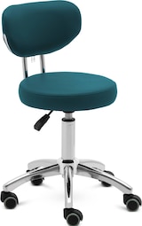 Ein blauer Hocker mit Rückenlehne und Rädern.