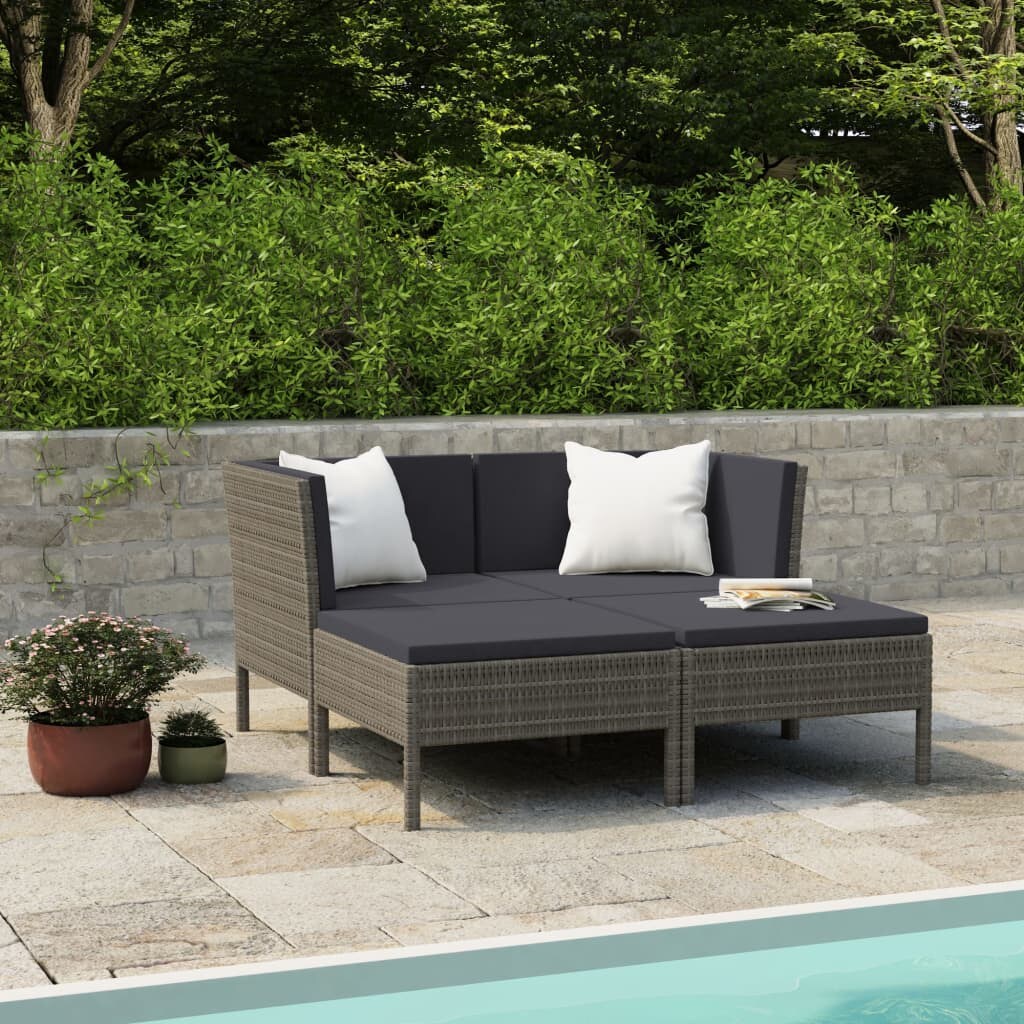 vidaXL 4-delige tuin loungeset met kussens poly rattan grijs