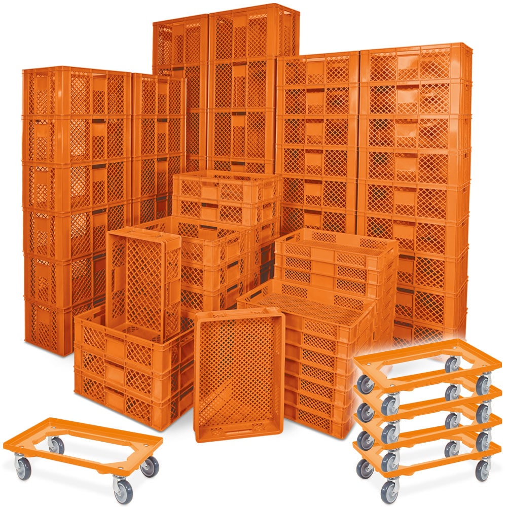 78 Stück Stapelkörbe/Bäckerkästen in 5 Größen, Grundmaß LxB 600 x 400 mm, H 90 mm, 150 mm, 240 mm, 320 mm, 410 mm, Farbe orange, orange