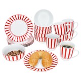 thumbnail of Split rot 18tlg Frühstücksset Porzellan Teller Müslischalen Becher gestreift