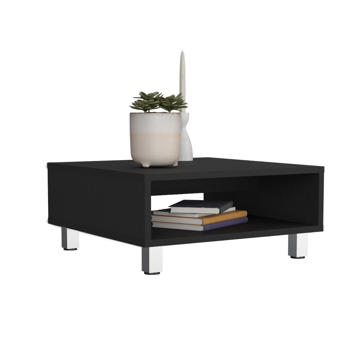 Mesa de centro Eclipse em melamina com prateleiras inferiores e 4 pés , preto , 26.9 cm X 60 cm X 60 cm