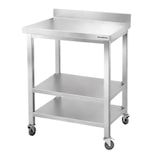 thumbnail of Mesa de trabajo de acero inoxidable Bar 800x700 mm con 3 estantes inferiores y respaldo sobre ruedas PREMIUM - GOLDINOX