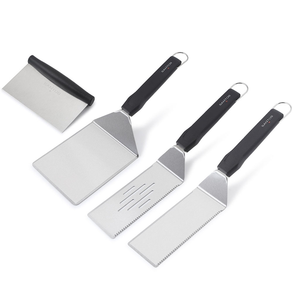 CHEFGASTRO BBQ Grillspachtel Plancha-Set, 4-teilig | 3 Grillspachtel & 1 Grillschaber | Edelstahl, Kunststoff