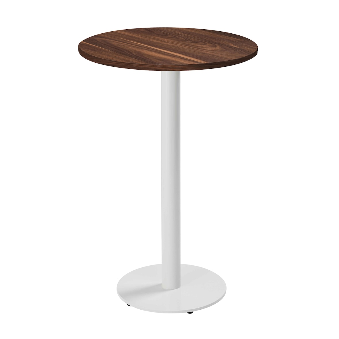 Table haute ronde 60 cm pied blanc et revêtement bois foncé