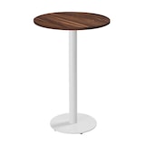thumbnail of Table haute ronde 60 cm pied blanc et revêtement bois foncé