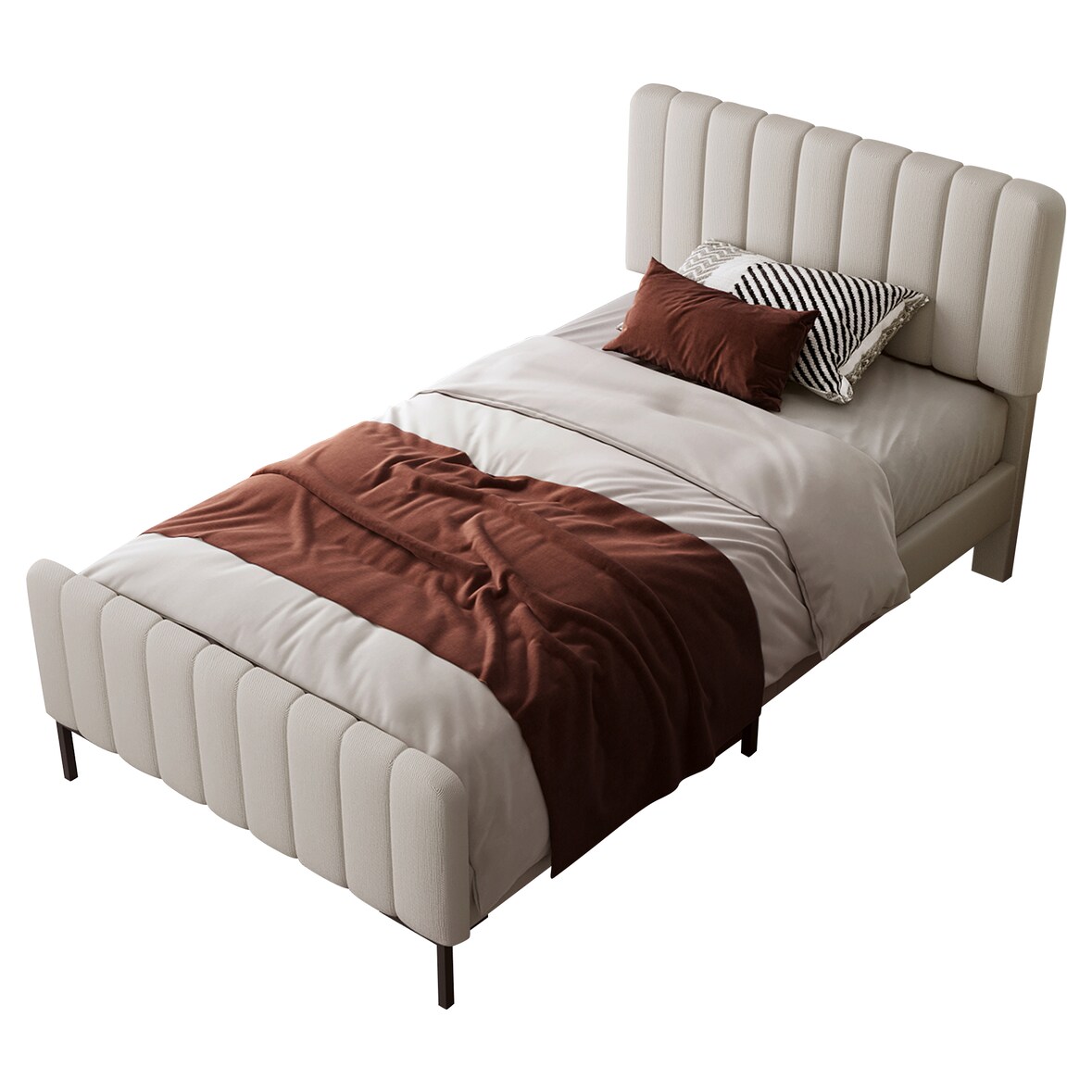 Polsterbett Einzelbett 90×200 mit verstellbarem Kopfteil, gepolstert, Leinenbezug, Massivholz und Metallrahmen, Schlafzimmer, Gästezimmer, Grau-Beige
