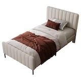 thumbnail of Polsterbett Einzelbett 90×200 mit verstellbarem Kopfteil, gepolstert, Leinenbezug, Massivholz und Metallrahmen, Schlafzimmer, Gästezimmer, Grau-Beige