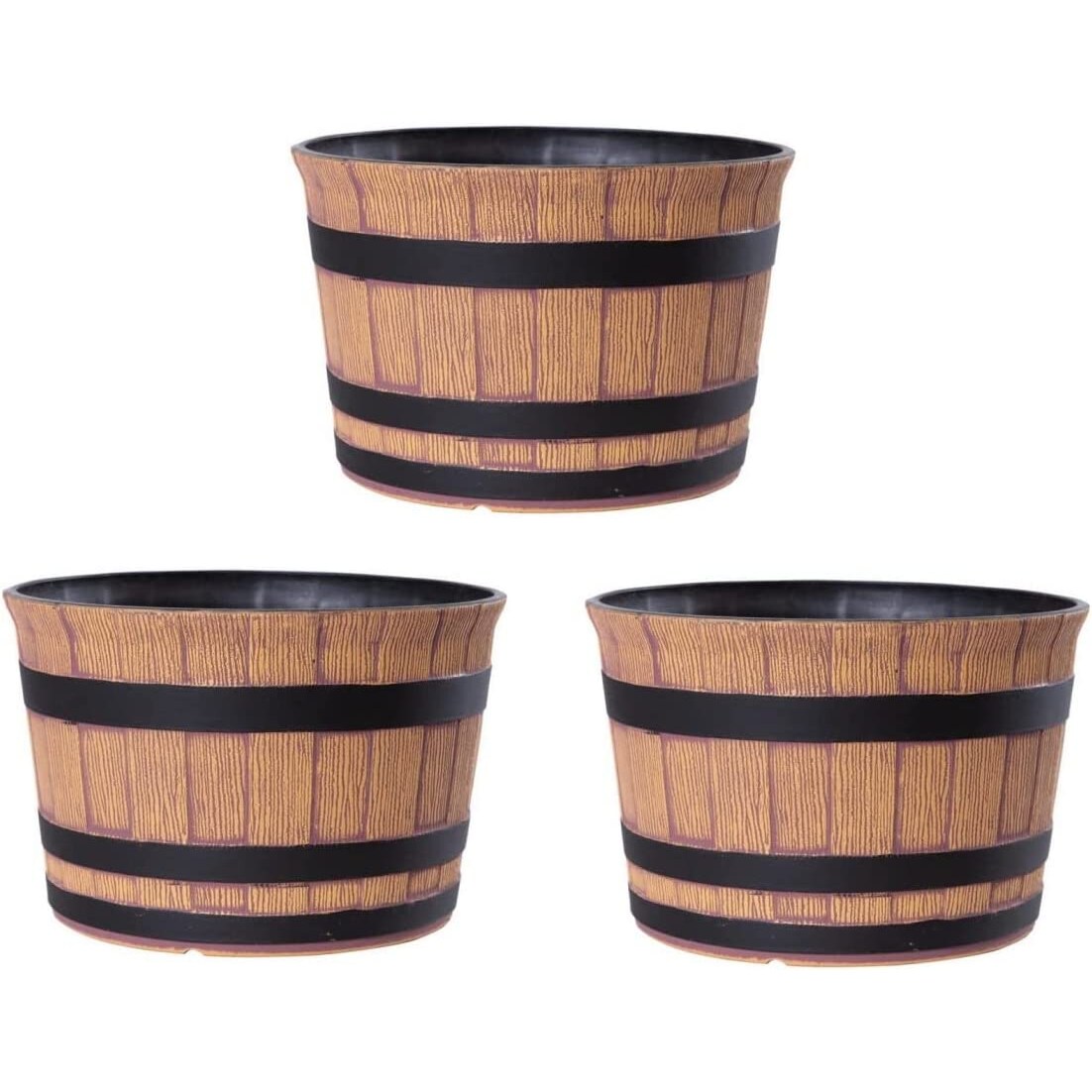 Jinfa 3er-Set Blumenkübel aus Kunststoff in Holzoptik | Farbe: Walnuss | Design: Barrique | Ø 36 cm