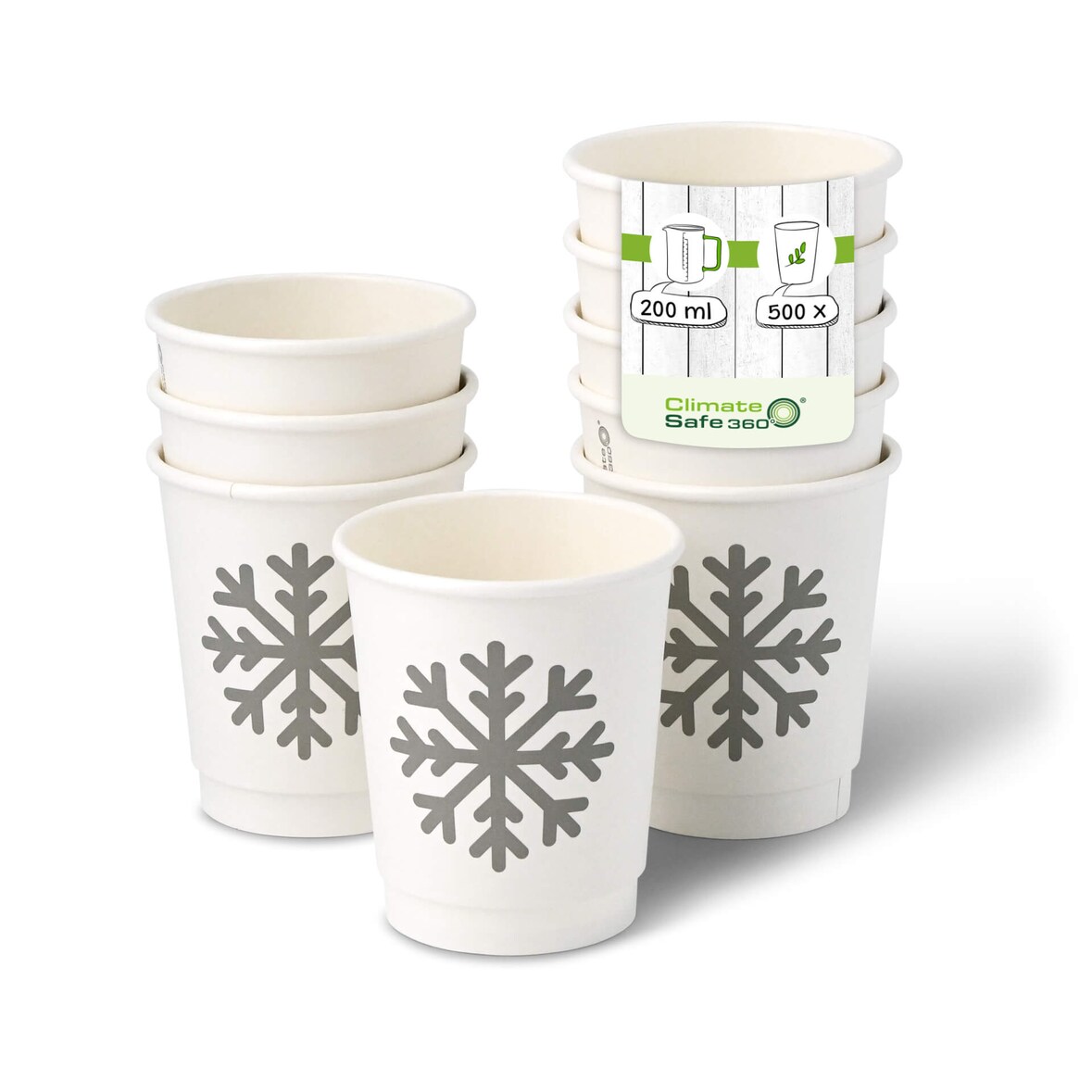 greenbox - Pappbecher doppelwandig Winter "Schneeflocke", 200 ml / 8 oz, Ø 80 mm, weiß, 500 St.