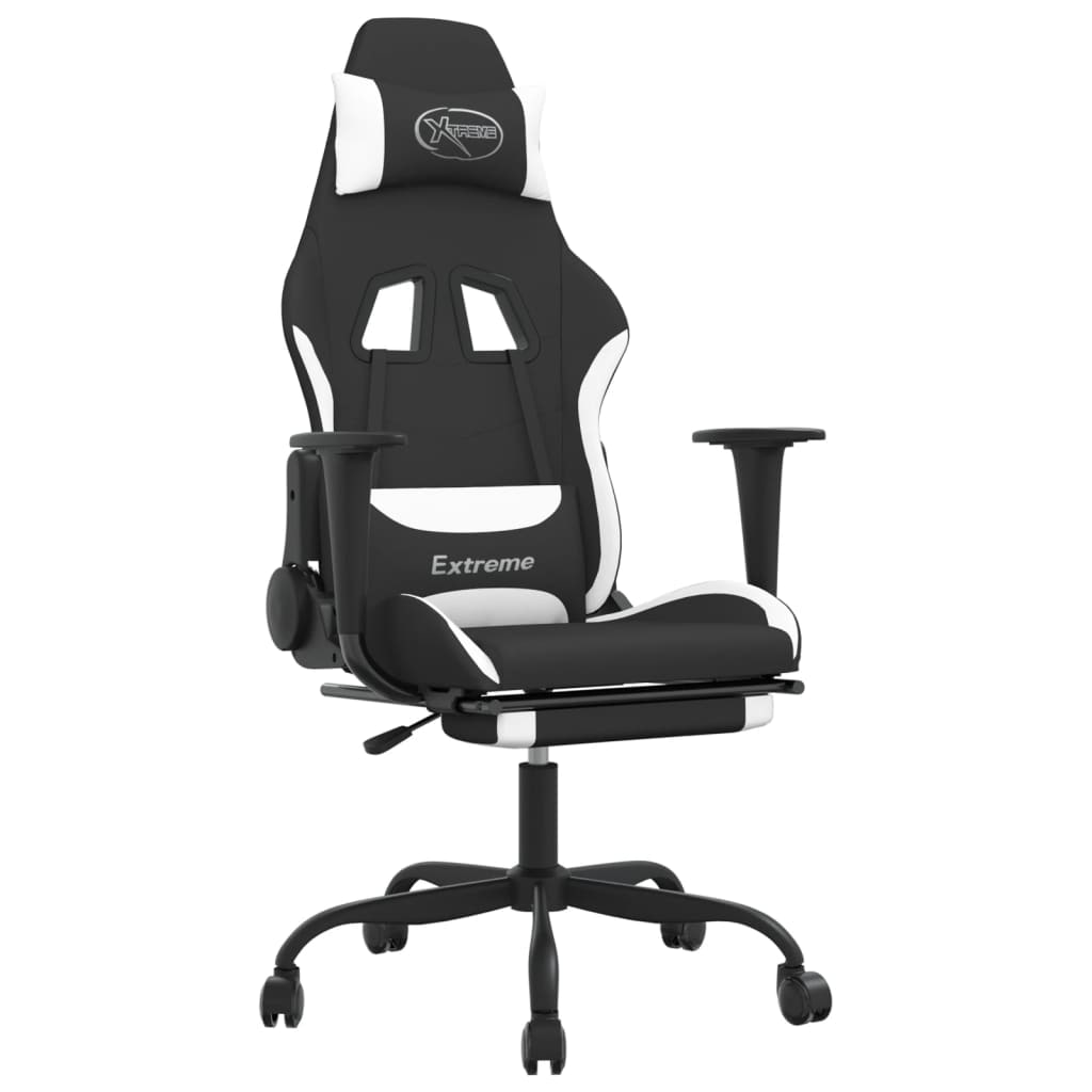 Décoshop26 - Bürostuhl Gaming-Stuhl mit Lendenkissen und Fußstütze in weißem und schwarzem Stoff DEC025834