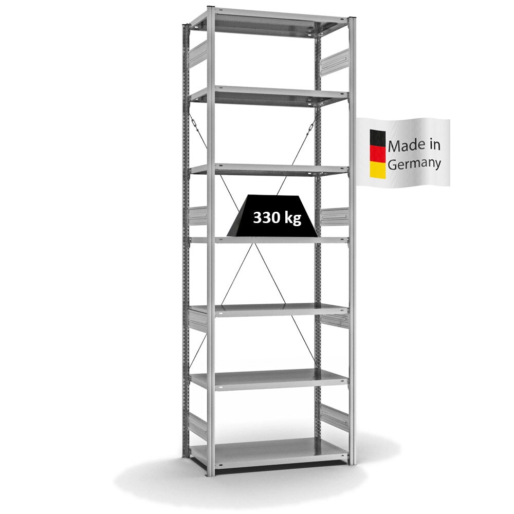 PROREGAL Fachbodenregal Stecksystem | Grundregal | HxBxT 300x100x50cm | 7 Ebenen | Fachlast 330 kg | Einseitig nutzbar | Verzinkt