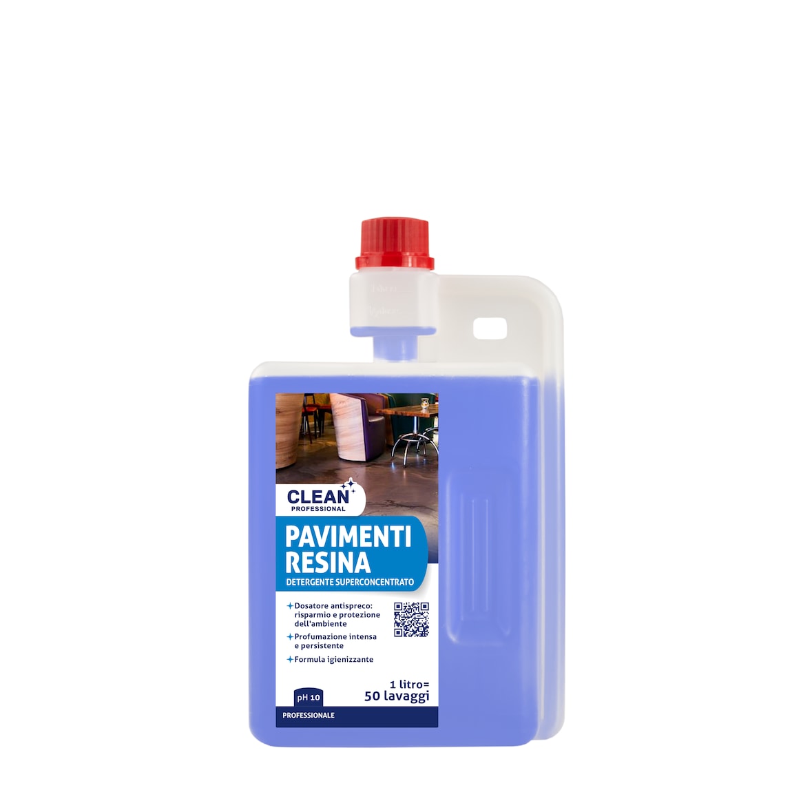 Clean Professional. Detergente superconcentrato per pavimenti in resina. Grazie al suo sistema di dosaggio evita gli sprechi. 1lt. Violetto.