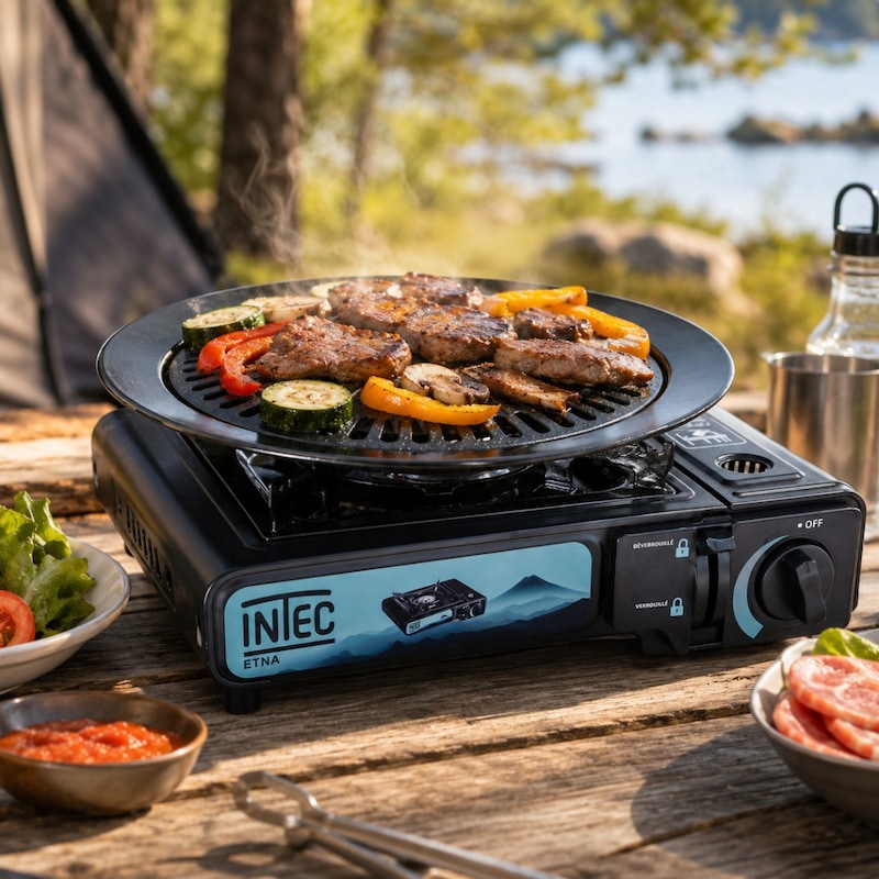 Barbecue à Gaz Portable avec Poêle à Grill, Poignées - Poêle au Butane