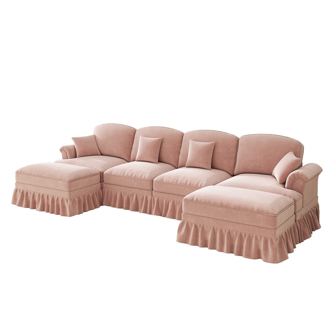 Modulares U-förmiges 4-Sitzer Sofa Chenille 93x350x140 cm Rosa mit abnehmbaren Rüschen und flexiblem Hocker