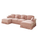 thumbnail of Modulares U-förmiges 4-Sitzer Sofa Chenille 93x350x140 cm Rosa mit abnehmbaren Rüschen und flexiblem Hocker