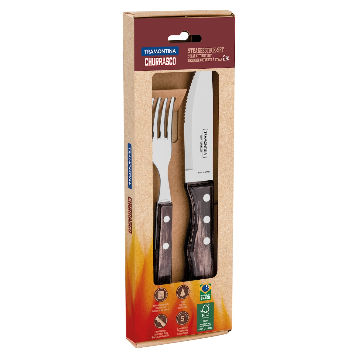 Tramontina JUMBO Steakbesteck-Set, 2-teilig, Edelstahl, Holzgriff FSC, spülmaschinenfest