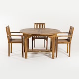 thumbnail of Conjunto de exterior. Mesa redonda extensível de 120/180 cm e 4 poltronas empilháveis de madeira de teca de grau A